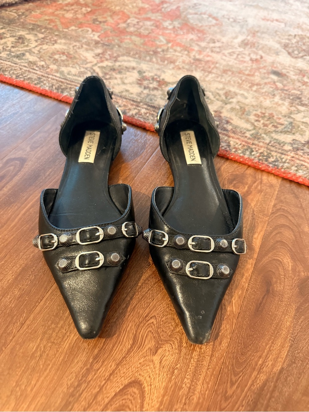 Steve Madden Black Pointed D'Orsay Flats with Triple Buckle Straps